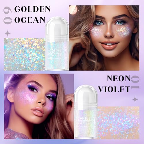 2 Colors Roll-on Body Glitter Gel, Holographic Glitter Gel Under Light for Face Hair, Body Shimmer for Rave Accessories Christmas New Year Halloween Makeup (Golden Ocean+Neon Violet)