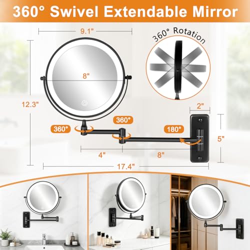 8" Lighted Wall Mounted Makeup Mirror - 1X/30X Magnification