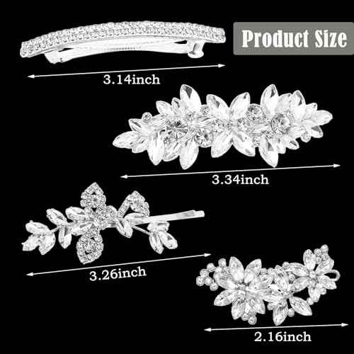 4 Pcs Rhinestone Hair Clips for Women Hair Barrettes Silver Bridal hair accessories for Wedding Party Everyday