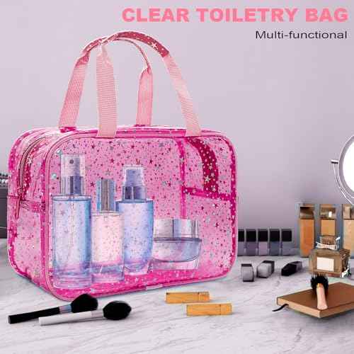 Clear Red Star Large Makeup Bag with Star Pattern 12x5x8 inch, Travel Cosmetic Bag with Handle, Durable PVC Material Washbag Zipper Opening Design for Makeup Travel Organizer or Gym Use