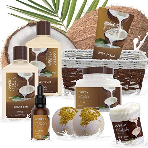 Vanilla Coconut Spa Gift Basket for Women – 9 Piece Set