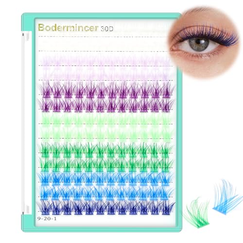 BODERMINCER Lash Clusters Kit 10-12-14-16mm Mixed Natural D Curl Fairy Lashes Pre-glue Extension Bond and Seal for Self Use DIY at Home (Colorful 16MM M02#)