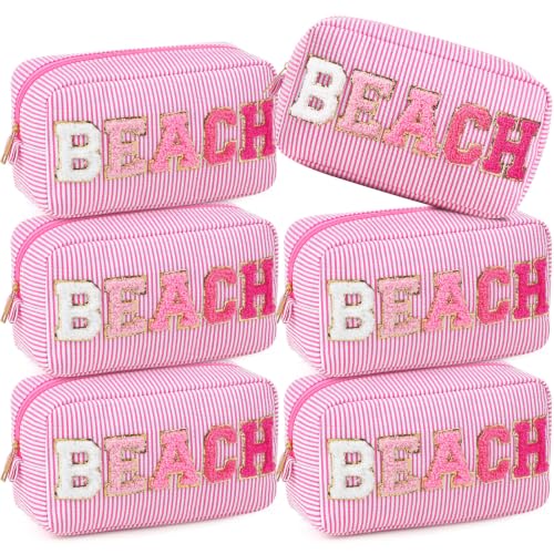 Pink Seersucker Beach Cosmetic Bags 6-Pack - Travel & Vacation Organizer