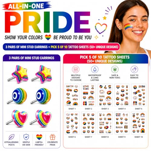 Rainbow Stud Earrings & Tattoo Set - 3 Pairs + 5 Sheets
