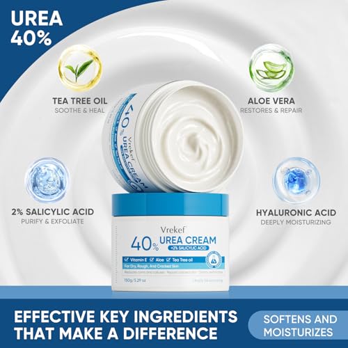 VREKEF 40% Urea Cream with 2% Salicylic Acid for Dry Cracked Heels (5.29 oz)