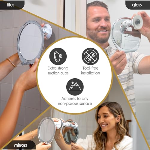 Luxo Shaving Mirror, Shower Mirror with a Razor Holder for Shaving with Powerful Suction Cup - Shatterproof Anti Fog Mirror for Shower (Chrome)
