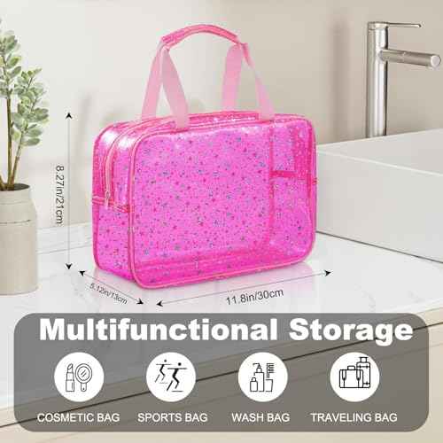 PVC Clear Makeup Bag for Women Waterproof Star Make Up Bag Toiletry Bag Travel Durable Cosmetic Bag Large Cute Tote Bag Organizer Makeup Pouch, Pink