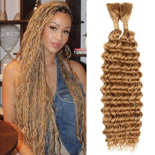 AuokMar B #27 Honey Blonde Human Braiding Hair 26 Inch Deep Wave Boho 2 Bundles