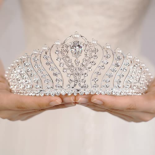 Silver Pearl Crown for Women - Wedding Tiara, Bridal Hair Accessories, Queen Crown & Prom Tiara
