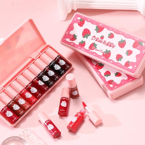 10 Pcs Lip Tint Set Cute Glossy Lip Stains and Matte Lipsticks with Long-lasting and Quick-drying Mini Lip Gloss Lipstick for Makeup Gift (Strawberry, Lip Gloss)