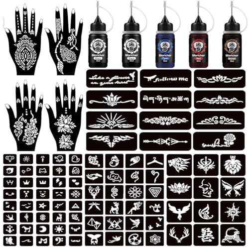 Henna Tattoo Kit with 5 Inks & 88 Stencils