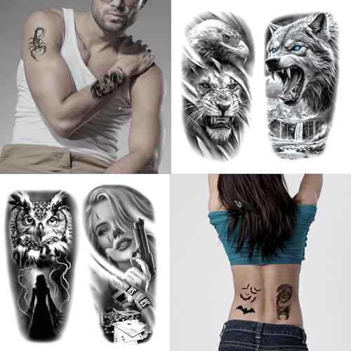 82 Sheets Halloween Temporary Tattoos, 3D Scary Lion Wolf Tiger Skull Skeleton Spider Fake Tattoos Stickers for Men Women Adults