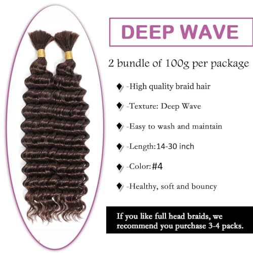 Freiuoke Deep Wave Human Braiding Hair #4 Brown 22 Inch | Boho Knotless Braid Bulk Extensions