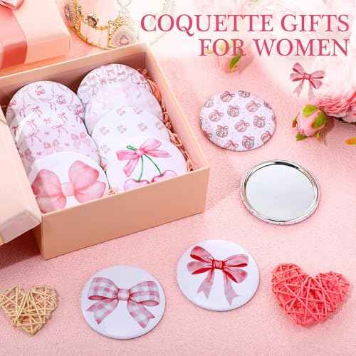 12 Pcs Christmas Bow Party Favors Mini Compact Mirror Bulk Coquette Aesthetic Party Favors Little Pocket Mirrors for Women Girl Birthday Holiday Stocking Stuffer (Cute Style,Pink)