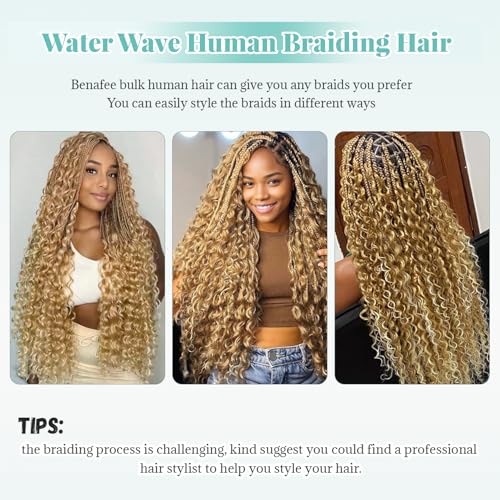 Human Braiding Hair Deep Water Wave Bulk Human Hair for Boho Braids No Weft 2 Bundles 22 Inch Strawberry Blonde with 613 Bleach Blonde Highlights Wet and Wavy Twist Hair Braiding for Knotless Bohemian