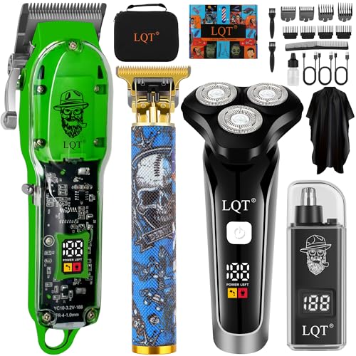 Hair Clippers for Men, 4 Pcs Professional Cordless Rechargeable Transparent Plastic Clipper Set Body Trimmer Electric Razor for Men Nose and Ear Hair Trimmer with Bag, Men's Birthday Easter Gifts