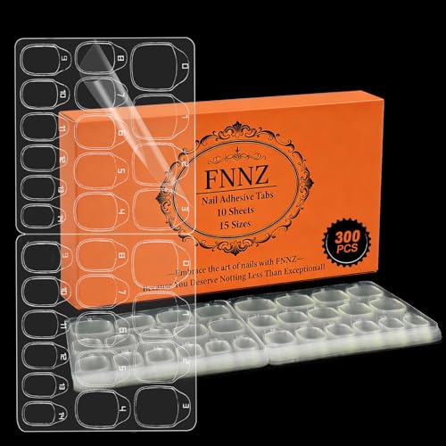 FNNZ Press On Nail Tabs - 300 Pcs, 15 Sizes, Waterproof Adhesive
