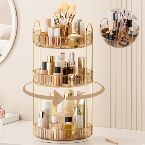 360¡Æ Rotating Makeup Organizer, Upgraded 3 Tier Skincare Perfume Organizers for Women, Bathroom Organizer Countertop, Clear Cosmetic Dresser Organizer with Makeup Brush Holder, Sink&Counter(Amber)
