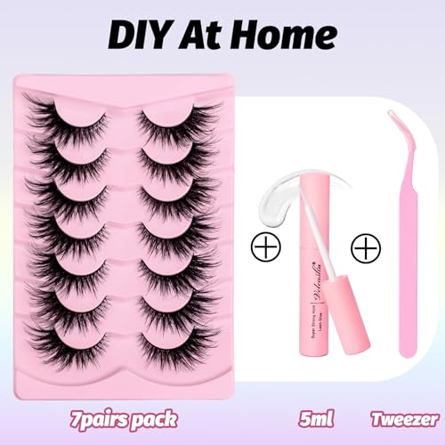 Veleasha Cat Eye Lashes Kit - 7 Pairs Faux Mink with Glue & Tweezer
