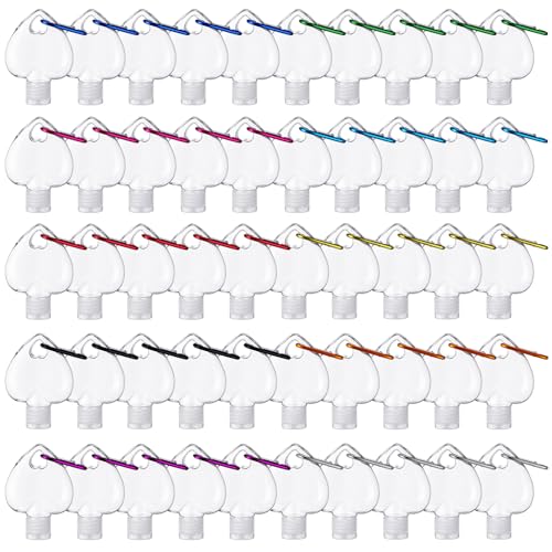50 Pcs Traveling Bottles with Keychain 2oz Clear Keychain Bottle Plastic Heart Empty Refillable Liquid Packing Container Squeeze Plastic with Lid for Liquid Cream