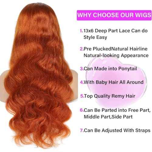 Ginger Lace Front Wigs Human Hair 13X6 Orange Ginger Body Wave HD Lace Frontal Wigs for Women Glueless Auburn 350 Color Pre Plucked Natural Hairline 180% Density Super Soft 22 Inch