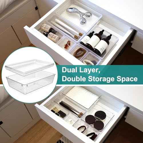 14 Pcs Drawer Organizer for Makeup/Office Supplies/Vanity/Desk Drawer Organizers, Acrylic Organizers, Shallow Drawer Organizers with Lid Design