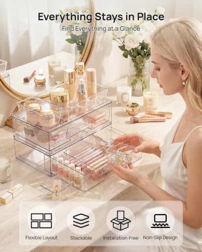 Vtopmart 12-Pack Clear Makeup Organizer Set with Stackable Drawers