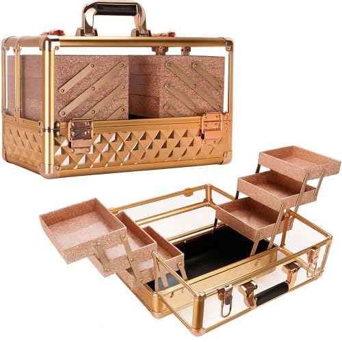 Ver Beauty Rose Gold Diamond Makeup Train Case with 6 Accordion Trays ? Lockable Cosmetic Organizer with Spacious Interior & Clear Acrylic Top