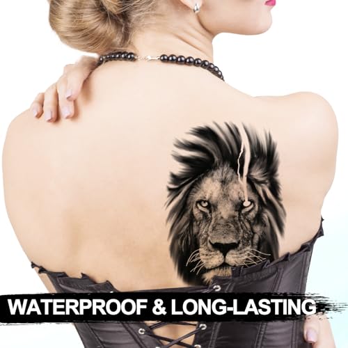 6 Sheets Realistic Lion Head Temporary Tattoos ? Fake Tattoo Stickers for Men, Women, and Teens ? Bold Lion Design for Cosplay, Parties, and Halloween