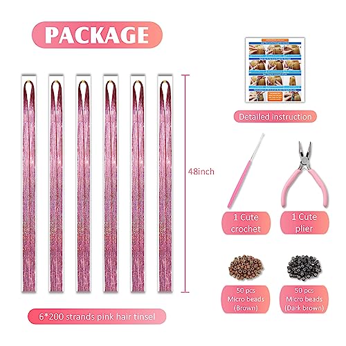 Fiwecos Pink Fairy Hair Tinsel Kit - 1200 Strands, 48 Inches