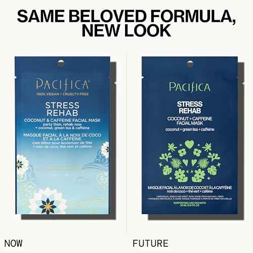 Pacifica Sheet Mask - Stress Rehab Coconut & Caffeine Facial Mask - 6-PACK De-Stress Sheet Mask for Redness & Puffiness Relief, Infused w/Green Tea, Turmeric & Hyaluronic Acid Cruelty-Free Skincare