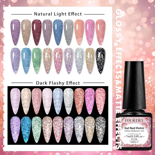 Reflective Glitter Gel Nail Polish Set, 18 Colors Including Pink Red Silver Holographic Gel Kit UV LED Soak Off Nail Polish Home DIY Manicure Salon Varnish