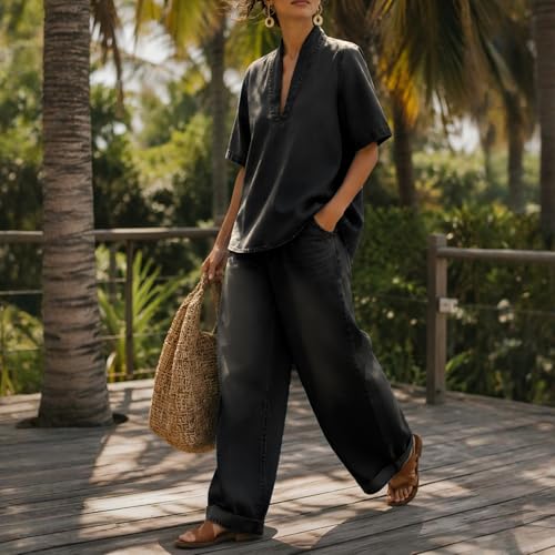 Women's Denim 2-Piece V-Neck Pant Suit - Trendy Wide Leg Outfit