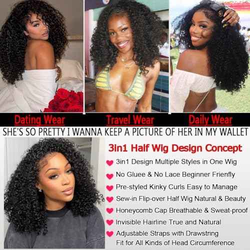 Half Wig Human Hair 200 Density Kinky Curly Half Wig 3 In 1 Seamless Flip Over Glueless Wigs Human Hair with Drawstring Beginner Friendly Curly Wig Headband Wig for Women Daily Wear 20 Inch