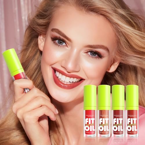 4 Colors Lip Oil Lip Glaze, Big Brush Head Hydrating Lip Glow Oil, Transparent Toot Tinted Nourishing Repairing Lightening Lip Lines & Long Lasting Fresh Clear Smooth Lip Care (Set B)
