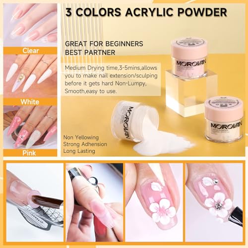 Morovan Acrylic Nail Kit for Beginners: Professional Nails Kit Acrylic Set With Everything Complete Starter Set - with 3 Colors Powder and Glitter Powder
