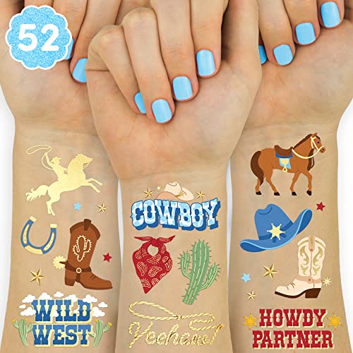 Cowboy Temporary Tattoos for Kids - 52 Gold Foil Designs