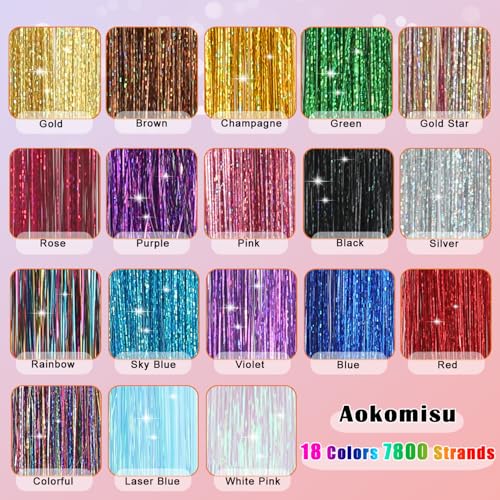 Hair Tinsel Kit, 18 Colors 7800 Strands 48 Inch Heat Resistant