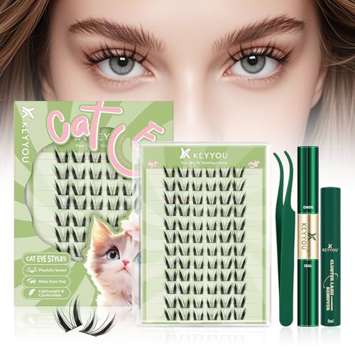 KEYYOU Bunny Lash Clusters Kit Anime Cat Lash Clusters 72pcs Wispy Natural Cat style Lash Extension Kit with Bond and Seal,Applicators,Remover for Manga DIY Eyelash Extension Kit at Home£¨MC03£©