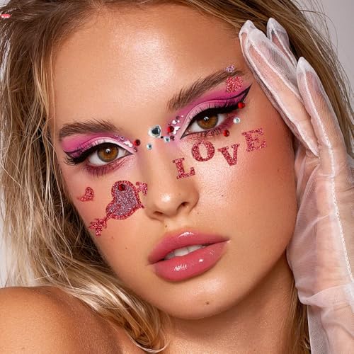 3PCS Valentine's Day Face Heart Gems Stickers for Women Girls Eyes Body Face Glitter Rhinstone Temporary Tattoos Red Love Self Adhesive Stick for Makeup Holiday Party Supplies