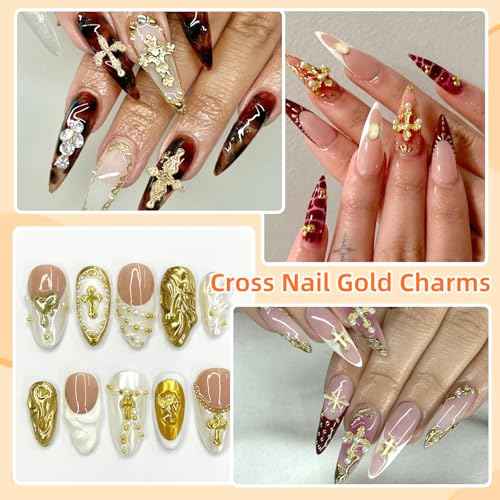 60 Pcs Gold Coss Nail Charms, 12 Styles 3D Cross Gold Nail Charms Crosses Star Nail Charm and Gems, Mixed Crosses Golden Charm for Acrylic Nails Y2K DIY Accessories