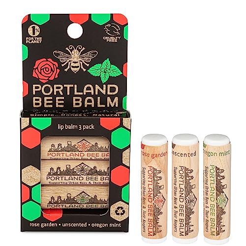 Portland Bee Balm All Natural Handmade Beeswax Based Lip Balm Unscented, Oregon Mint and Rose Assortment 3 Count