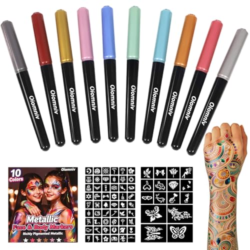 Metallic Temporary Tattoo Pen Kit with 70 Stencils, 10 Colors
