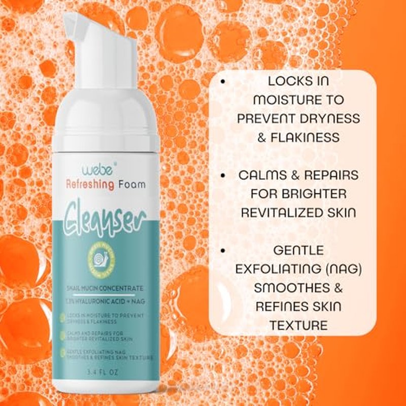 WEBE Refreshing Gentle Foam Cleanser | Snail Mucin, Hyaluronic Acid, N-Acetyl Glucosamine | Hydrating & Soothing Formula for Radiant, Moisturized Skin | Natural Skincare for all Skin Types
