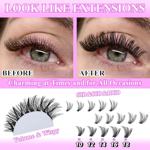 Lash Clusters Kit 3D Effect Volume Lashes Clusters Kit Wispy Cluster Eyelash Extensions D Curl Eyelash Clusters Kit Pesta?as Postizas Naturales+Bond&Seal,Remover,Tweezers,Brush(150D+200D+Spike Kit)