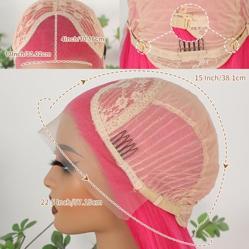 Hot Pink Lace Front Wigs Wear and Go Glueless Wig Pre Plucked Long Straight Hair Wig Magenta Pink Wigs Ready to Wear Wigs Heat Resistant Synthetic Lace Front Wigs for Women