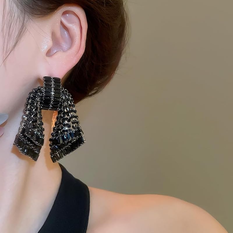 Silver Rhinestone Bow Chandelier Earrings for Women
