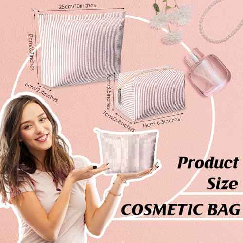 2 Pieces Makeup Bag Set Cute Cosmetic Pouch for Women Seersucker Travel Toiletry Bag Preppy Small Makeup Purse Pouch Aesthetic Skincare Brushes Storage Organizer for Christmas Women(Khaki)