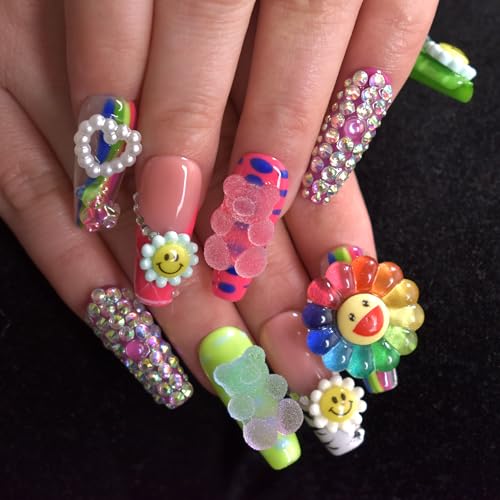 Flower Press on Nails Handmade with Full Covered Crystals Reusable Full Cover Long Coffin Stick On Nails, Size Medium