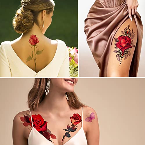 Rose Flower Temporary Tattoos for Women - 8 Sheet Set